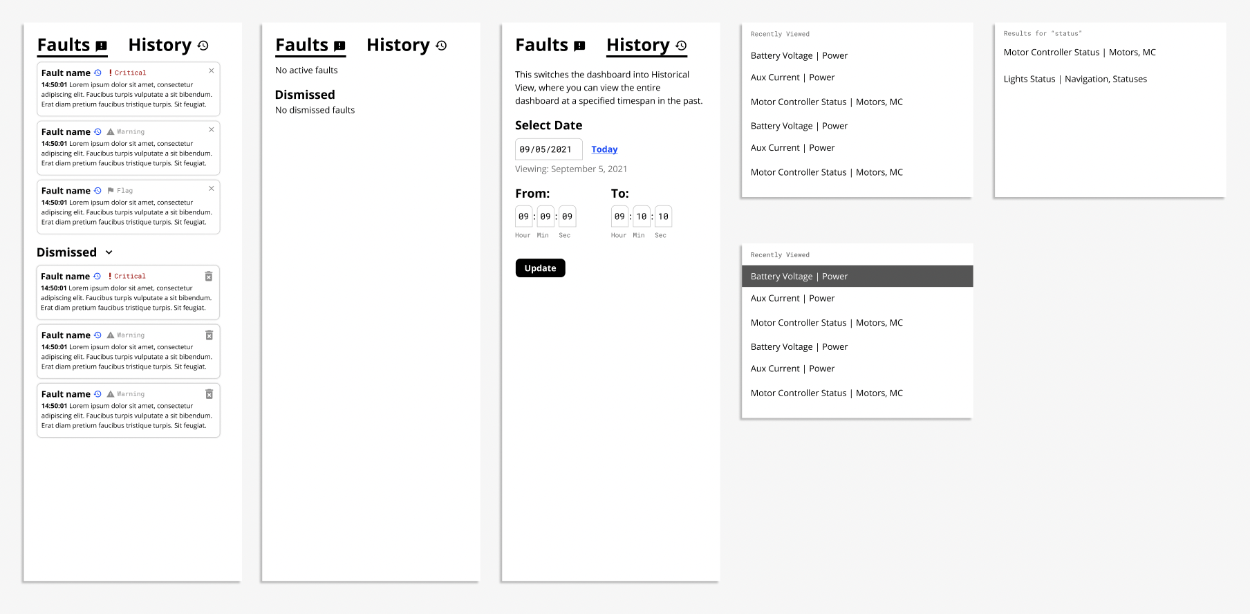 statuses and sidebar wireframes